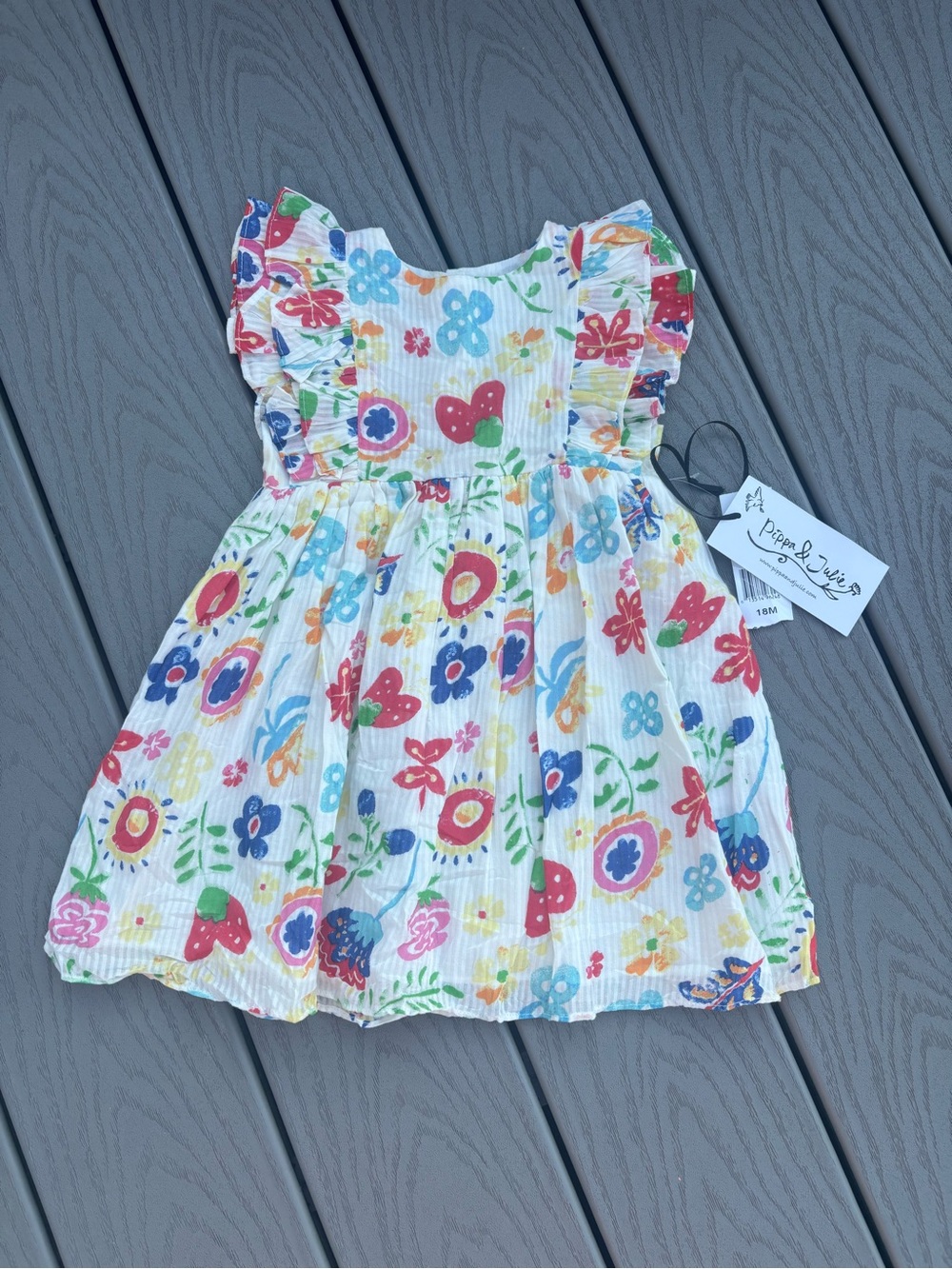 Pippa & Julie BNWT: White Floral Ruffle-Sleeve Girls' Dress, size 18 months